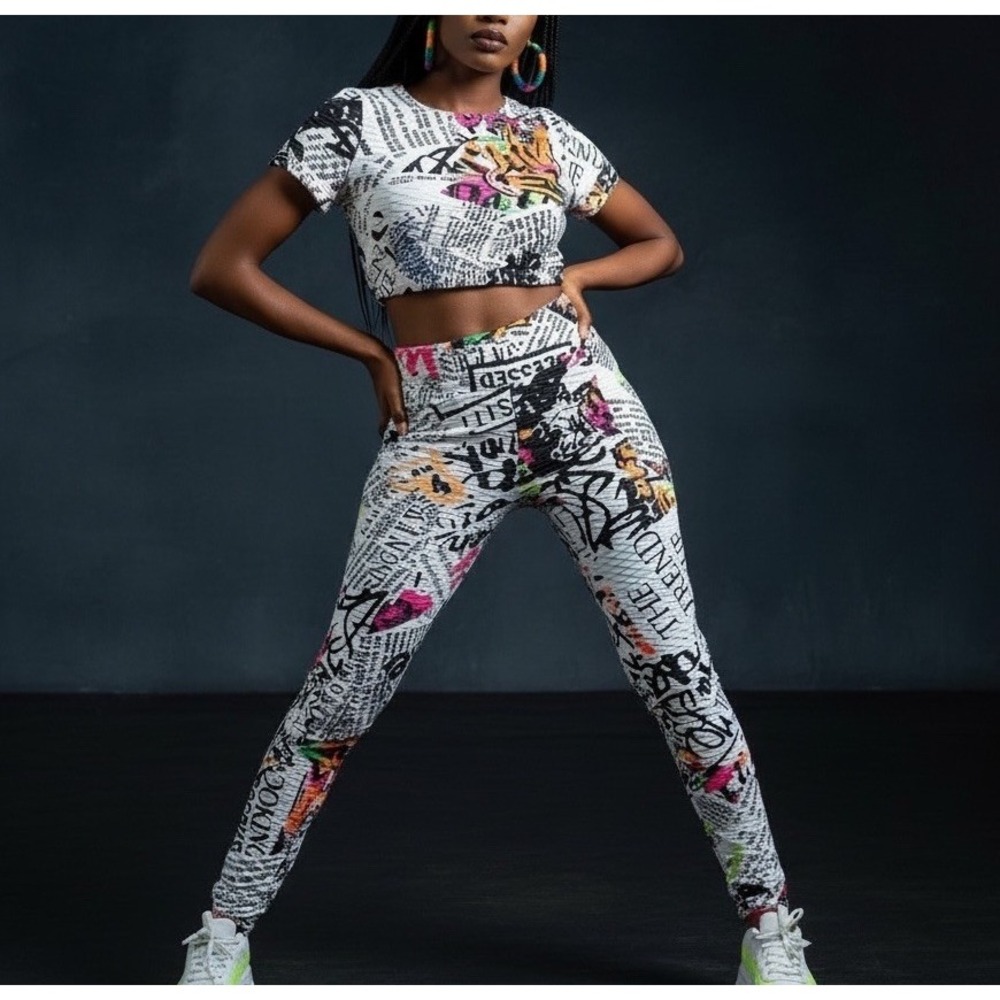 Y2K Womens L VINTAGE HARLEM Newspaper Graffiti Streetwear Pants Crop Top Set